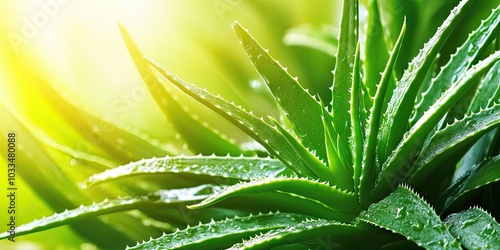 Close-up of fresh green aloe vera leaves known for their medicinal properties. High-quality royalty-free stock photo of a fresh aloe vera plant in a garden. Macro image featuring copyspace.