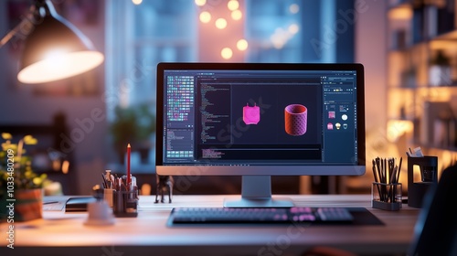 Wallpaper Mural A creative workspace illuminated at night with a computer displaying colorful 3D designs and a cozy atmosphere Torontodigital.ca