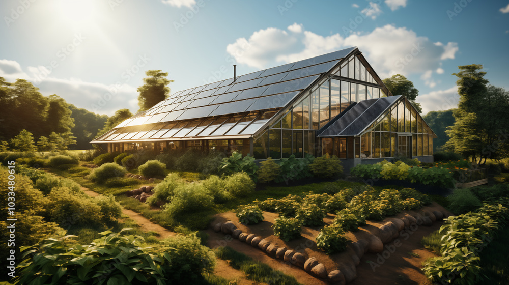 Obraz premium Greenhouse with Solar Panels: Capture a greenhouse equipped with solar panels on the roof, emphasizing energy-efficient farming, green agriculture
