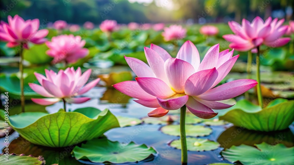 Lotus flowers blooming in a pond with a tilted angle Lotus flowers blooming in a pond with a tilted angle