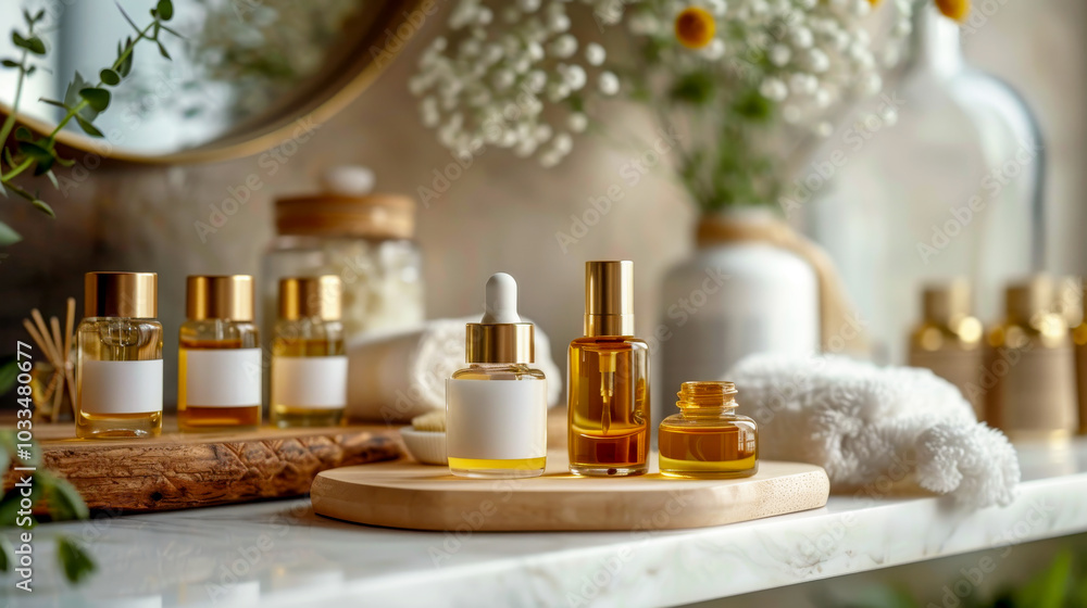 A comforting arrangement of oils and jars in a soft, cozy, and warm setting of skincare products A comforting arrangement of oils and jars in a soft, cozy, and warm setting of skincare products