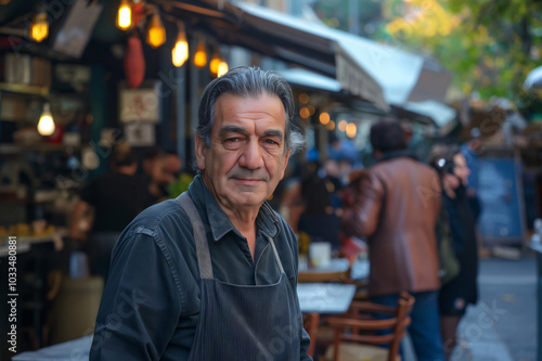 Fototapeta Naklejka Na Ścianę i Meble -  Confident mature adult male small business owner wearing an apron standing outside his restaurant