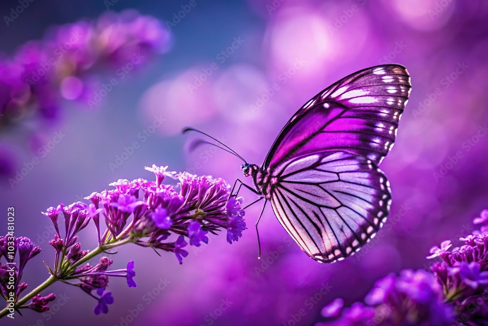 Low angle view purple butterfly on flower with purple background Low angle view purple butterfly on flower with purple background