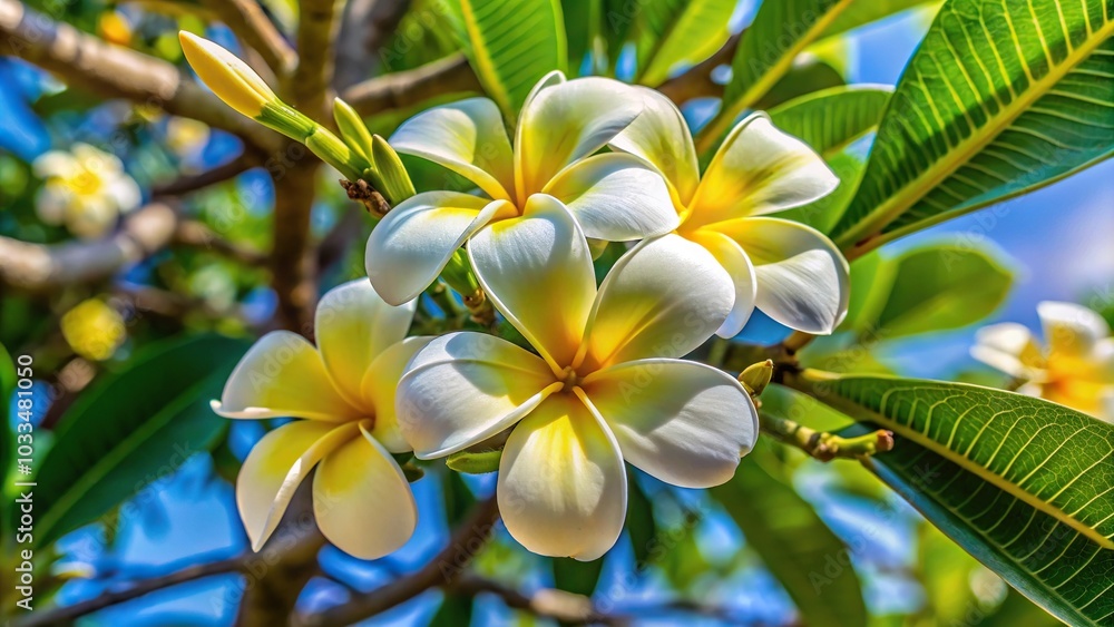 Fototapeta premium Low angle view of white and yellow plumeria flower on tree