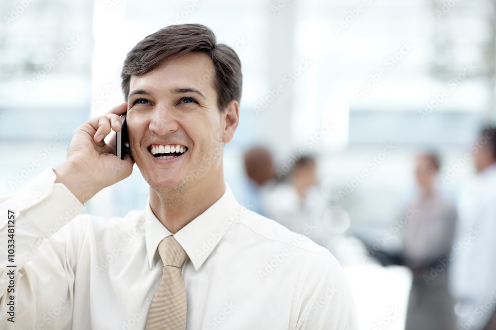 Phone call, smile and businessman for internship, conversation or b2b networking in office lobby. Happy, corporate worker and career communication with legal discussion, partnership and collaboration Phone call, smile and businessman for internship, conversation or b2b networking in office lobby. Happy, corporate worker and career communication with legal discussion, partnership and collaboration