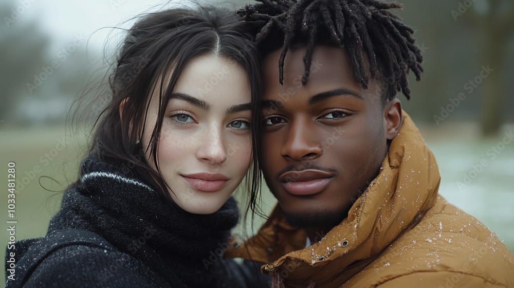 Smiling couple enjoying winter day with their child, holding hands and laughing together Smiling couple enjoying winter day with their child, holding hands and laughing together