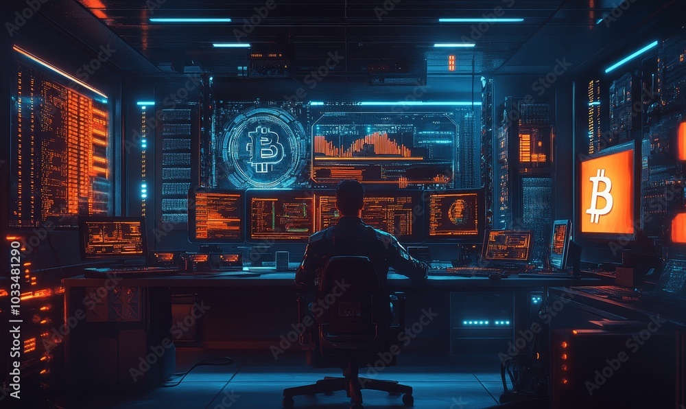 Hacker in a dark room with Bitcoin screens. Hacker in a dark room with Bitcoin screens.