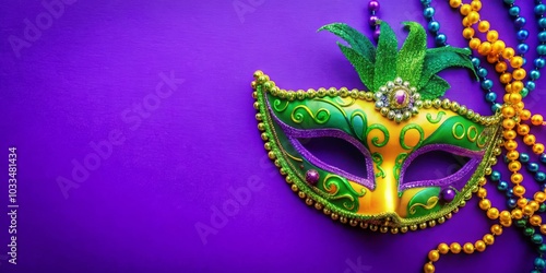 Bright mask with green feathers and gold details on a purple surface. Banner, background for Mardi Gras carnival with space for tex