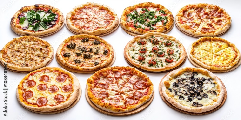 Assorted pizzas isolated on a white background. Assorted pizzas isolated on a white background.