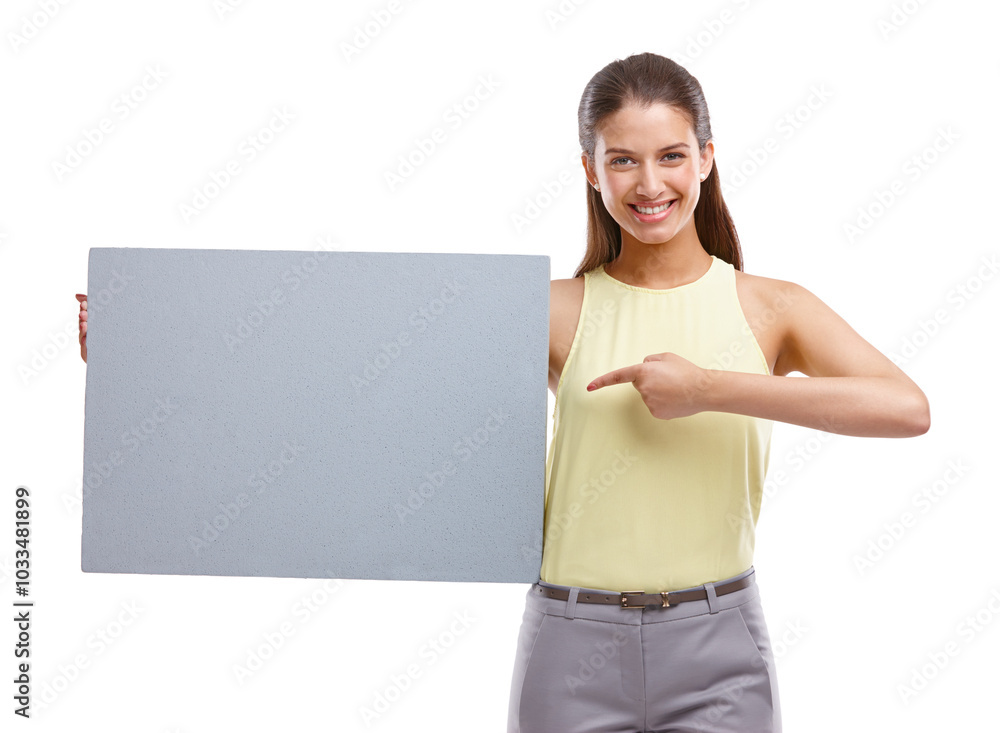 Card, pointing and portrait of woman in studio with poster, info and offer presentation in mockup. Space, deal promo and happy girl with blank sign, announcement or opportunity on white background Card, pointing and portrait of woman in studio with poster, info and offer presentation in mockup. Space, deal promo and happy girl with blank sign, announcement or opportunity on white background