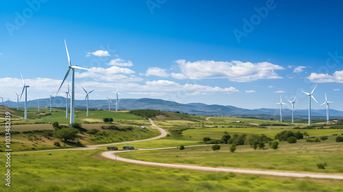 Wind turbines installed on farmland, showing the use of wind power in sustainable agriculture, green agriculture