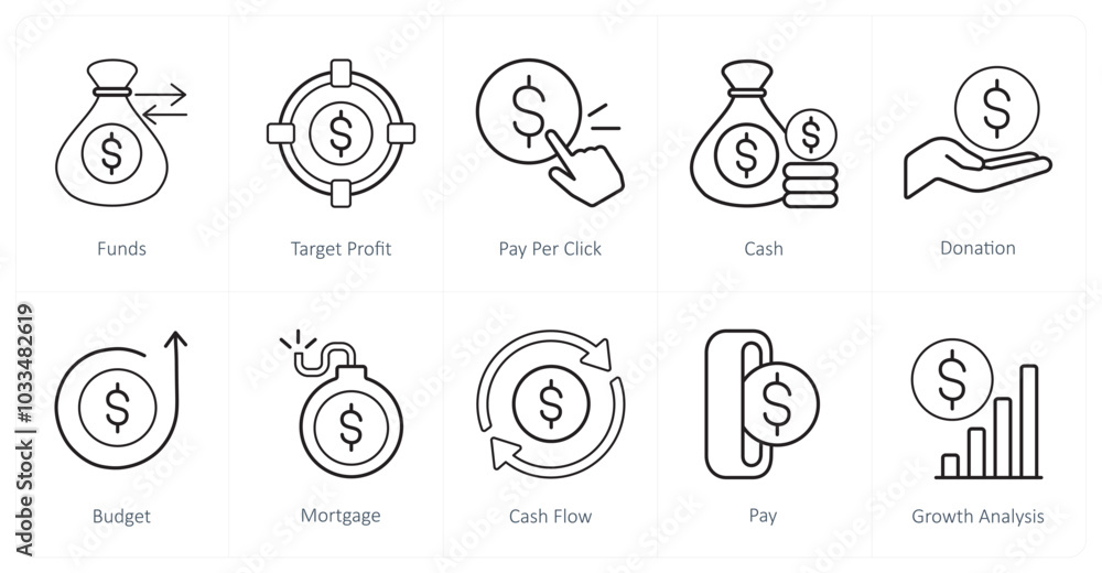A set of 10 finance and money icons as funds, target profit, pay per click, A set of 10 finance and money icons as funds, target profit, pay per click,