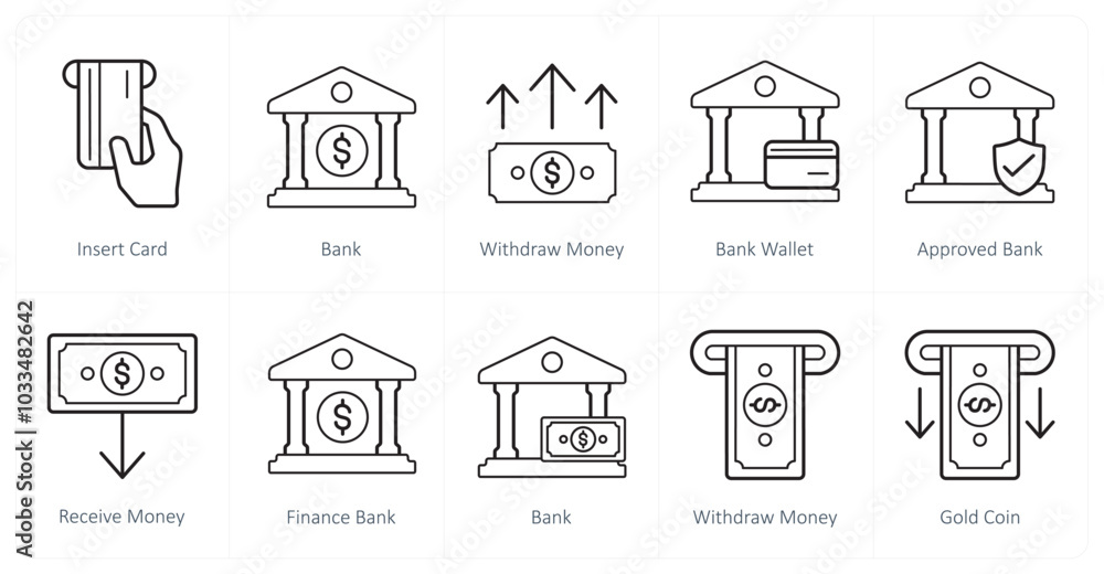 A set of 10 finance and money icons as insert card, bank, withdraw money A set of 10 finance and money icons as insert card, bank, withdraw money