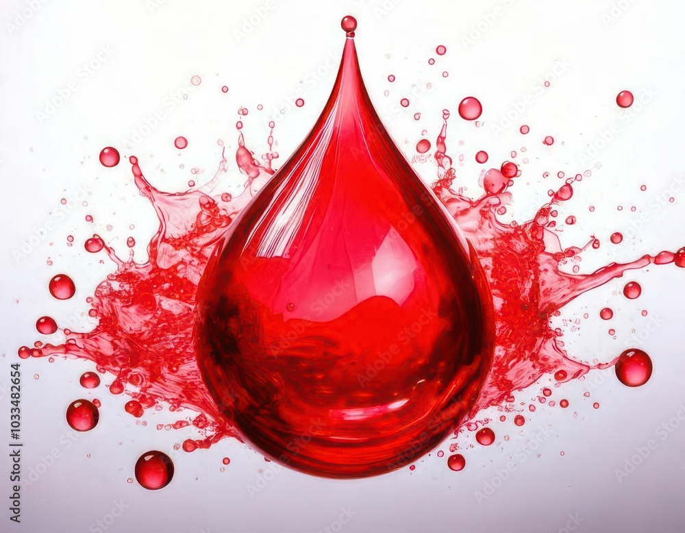 Obraz premium Red liquid drop with splashes, vibrant and dynamic, isolated on a white background.