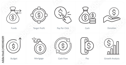 A set of 10 finance and money icons as funds, target profit, pay per click,