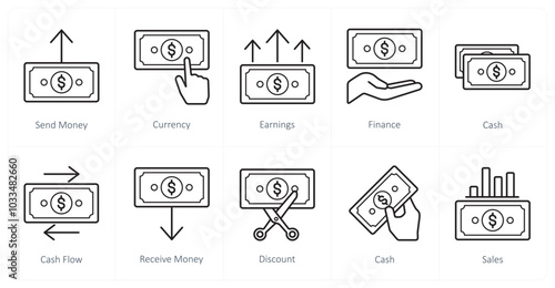 A set of 10 finance and money icons as send money, currency, earnings