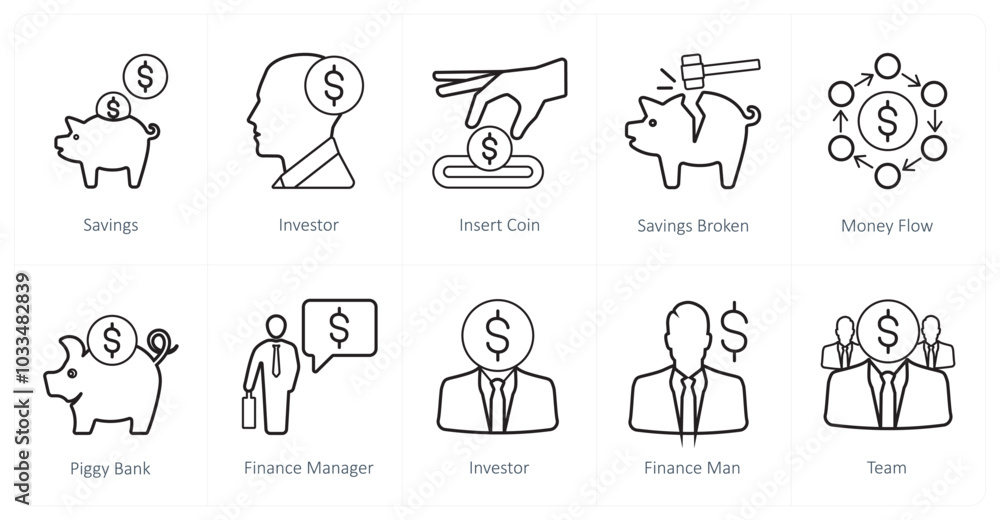 A set of 10 finance and money icons as savings, investor, insert coin A set of 10 finance and money icons as savings, investor, insert coin