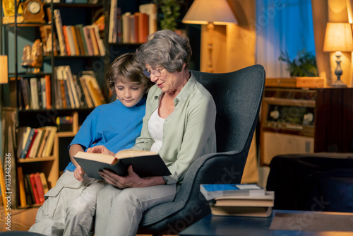 a warm light of living room with library big blue armchair elderly woman sitting with grandson reading book teaching to read
