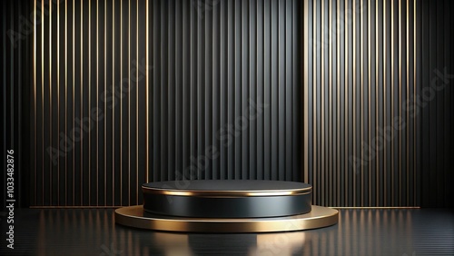 Minimalist abstract background with a black and gold luxury podium