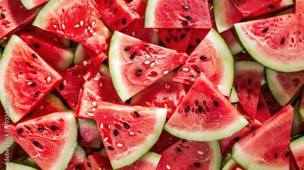 Delicious fresh watermelon slices background. Top view. --no text and people, human --chaos 10 --ar 16:9 Job ID: 145412ff-0d8f-40a7-a3e2-63e75fd18f78 Delicious fresh watermelon slices background. Top view. --no text and people, human --chaos 10 --ar 16:9 Job ID: 145412ff-0d8f-40a7-a3e2-63e75fd18f78