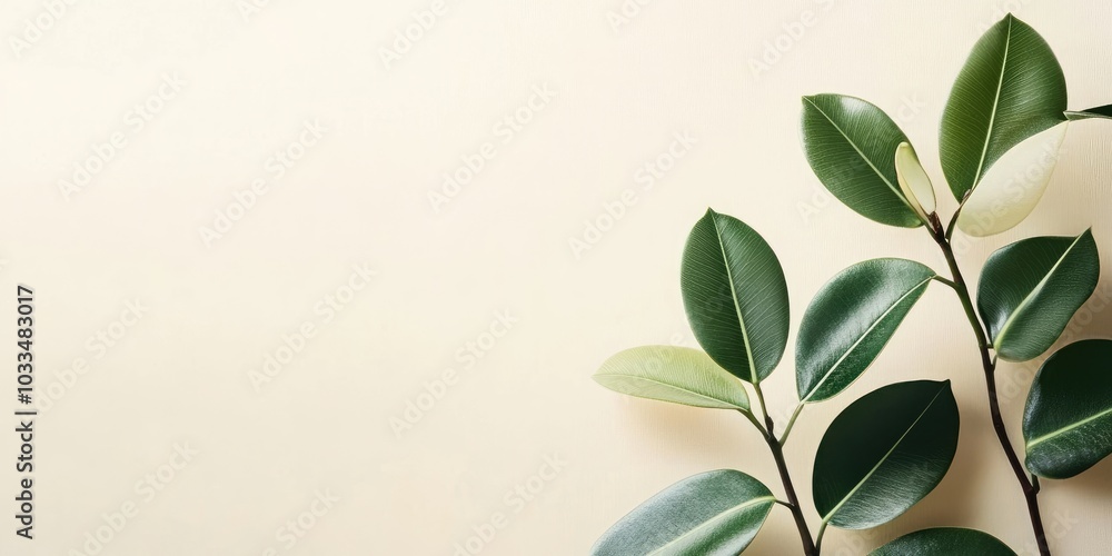 Home plant ficus on a light backdrop with vacant copyspace for text. Green rubber plant.