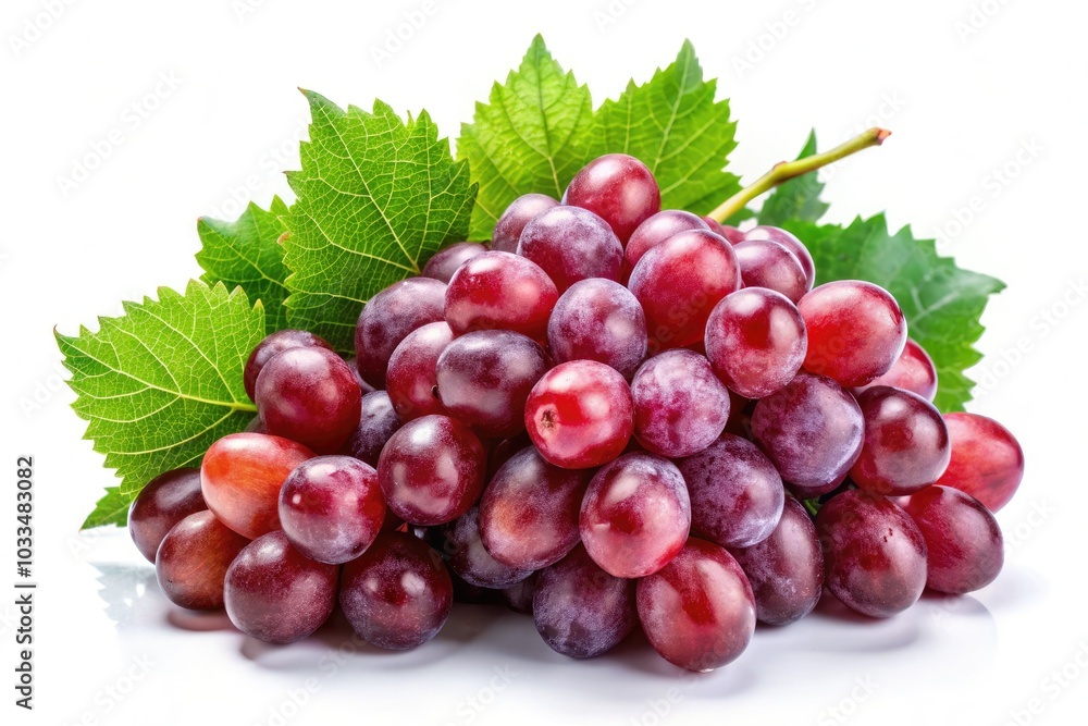 Fototapeta premium Fresh Juicy Red Grapes with Green Leaves Isolated on White Background for Healthy Eating Concepts and Fruit Photography