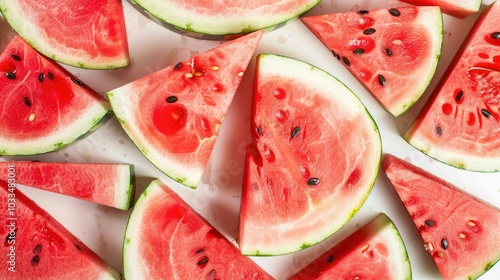 Delicious fresh watermelon slices background. Top view. --no text and people, human --chaos 10 --ar 16:9 Job ID: 145412ff-0d8f-40a7-a3e2-63e75fd18f78