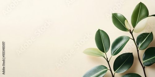 Home plant ficus on a light backdrop with vacant copyspace for text. Green rubber plant.