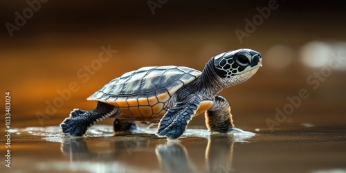 A baby turtle, known as 'tukik,' walks on wet beach sand after being released from a conservation zone. photo