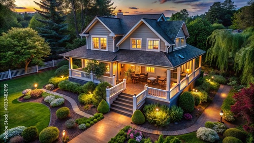 Low Light Photography of a Charming House with a Porch and Deck at Dusk, Inviting Atmosphere, Cozy Warm Lights, Tranquil Evening Scene, Ideal for Home and Garden Inspiration