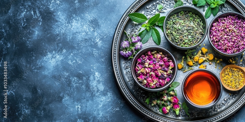 Healing herbs and herbal tea arranged on a metal tray, with copy space available for text. Healing herbs and herbal tea arranged on a metal tray, with copy space available for text.