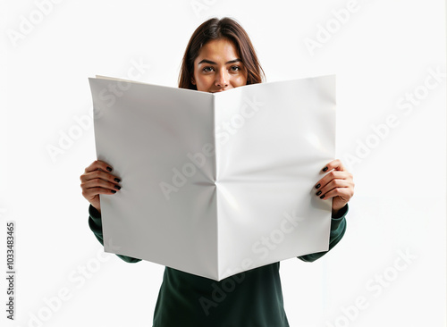 Young woman holding a blank newspaper. Isolated on white background. Mockup for your design