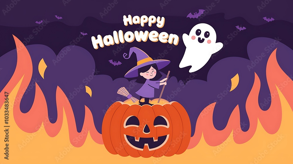 A Witch on a Jack-O-Lantern with a Ghost and Bats in the Night Sky A Witch on a Jack-O-Lantern with a Ghost and Bats in the Night Sky