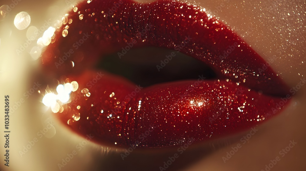 Close-up of lips, frontal portrait, red glittery lipstick, dreamy lighting Close-up of lips, frontal portrait, red glittery lipstick, dreamy lighting