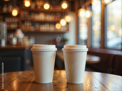 Two paper cups of coffee on wooden table in cafe. Mockup for your design