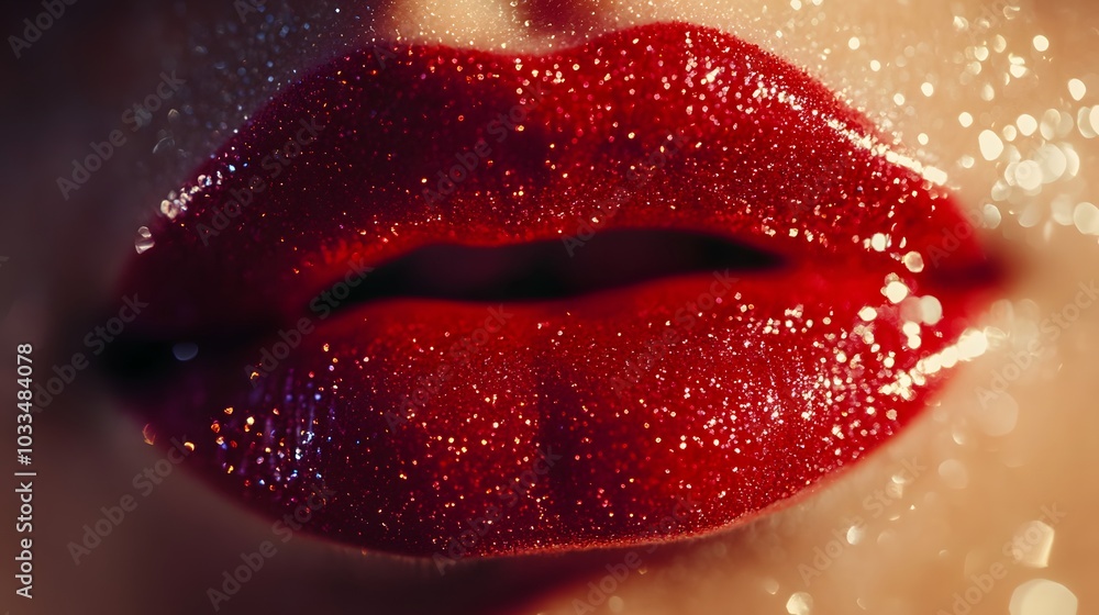 Close-up of lips, frontal portrait, red glittery lipstick, dreamy lighting Close-up of lips, frontal portrait, red glittery lipstick, dreamy lighting