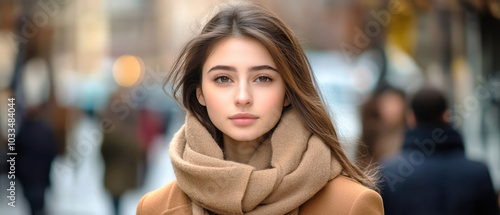 Wallpaper Mural A young woman in a coat and scarf walks down a bustling city street, gazing at the camera with blurred pedestrians in the background during soft lighting Torontodigital.ca
