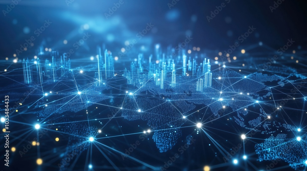 Digital world map with glowing connections and skyscrapers Digital world map with glowing connections and skyscrapers