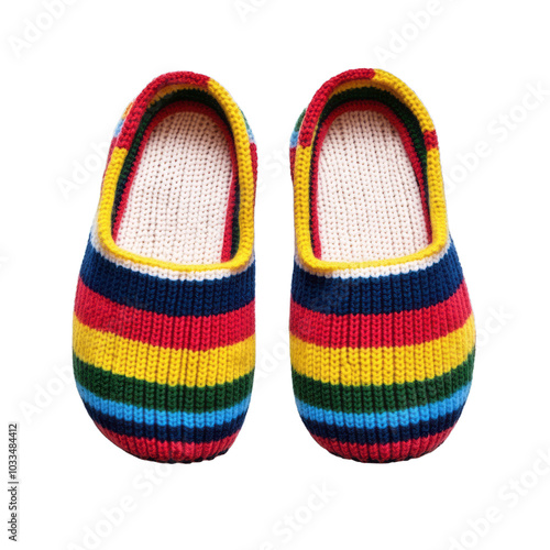 Colorful striped knitted slippers with a cozy sock like fit isolated on a transparent background  photo