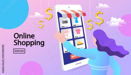A woman reaches for a mobile online store. A customer browses a shop application to buy products and find good deals, symbolized by hanging dollar signs. E-commerce and retail sales concept.