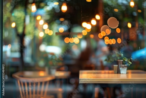 Restaurant window mockup furniture lighting indoors.