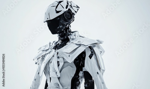 White robot with helmet and complex design.