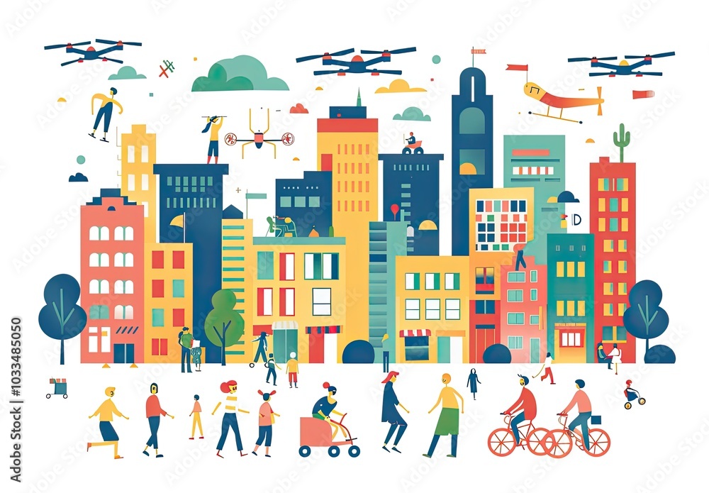 People are cycling in front of a city skyline on bicycles People are cycling in front of a city skyline on bicycles