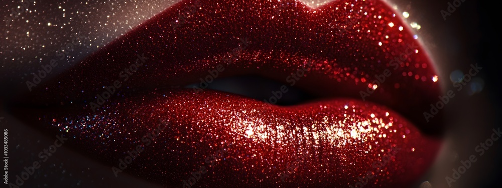 Close-up of lips, frontal portrait, red glittery lipstick, dreamy lighting Close-up of lips, frontal portrait, red glittery lipstick, dreamy lighting