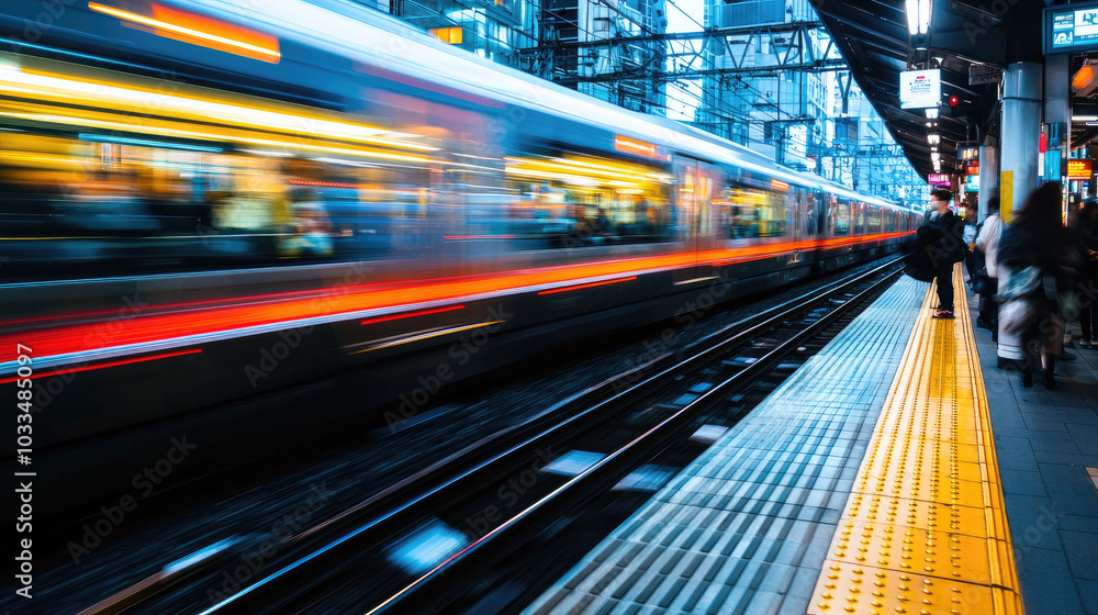 A blurred train passes through a busy station, showcasing the dynamic movement of urban transportation and the energy of city life. A blurred train passes through a busy station, showcasing the dynamic movement of urban transportation and the energy of city life.