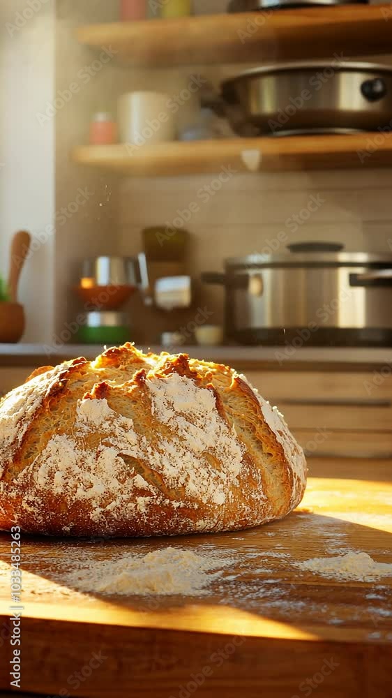 Sunlit artisan bread on kitchen countertop