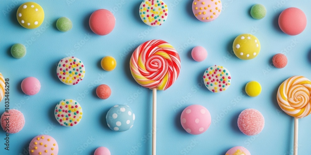Vibrant lollipops and variously colored round candies Vibrant lollipops and variously colored round candies
