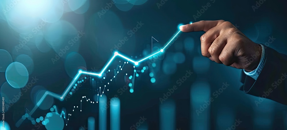 A man in a suit and tie is pointing at a chart on a screen A man in a suit and tie is pointing at a chart on a screen