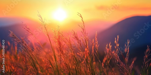 Panoramic view of a sunset behind mountains on a tropical grassland. Artistic transparent wild grass in full bloom. Abstract design with shadows and sun rays, featuring lens flare.