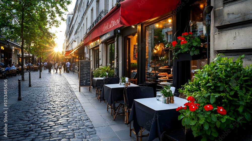 Obraz premium Picturesque European Cobblestone Street Lined with Charming Old Buildings and Lively Outdoor Cafs Creating a Quaint and Inviting Atmosphere for Dining Relaxation and Sightseeing
